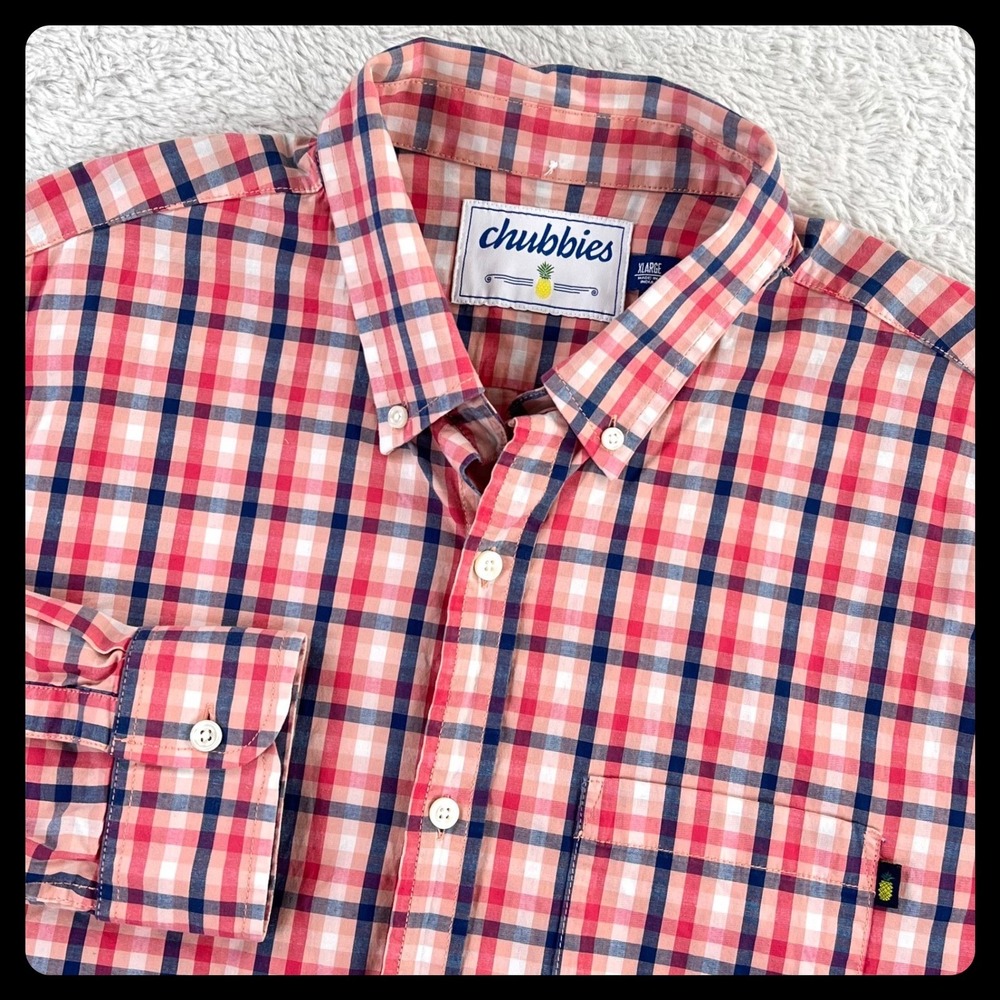 Chubbies‎ Button Down Shirt Men XL Pink Blue Plaid Pineapple Long Sleeve